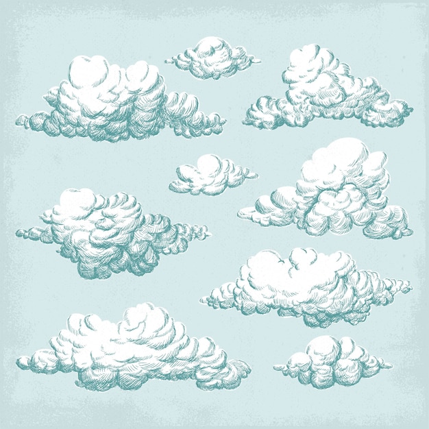 Engraving hand drawn clouds collection