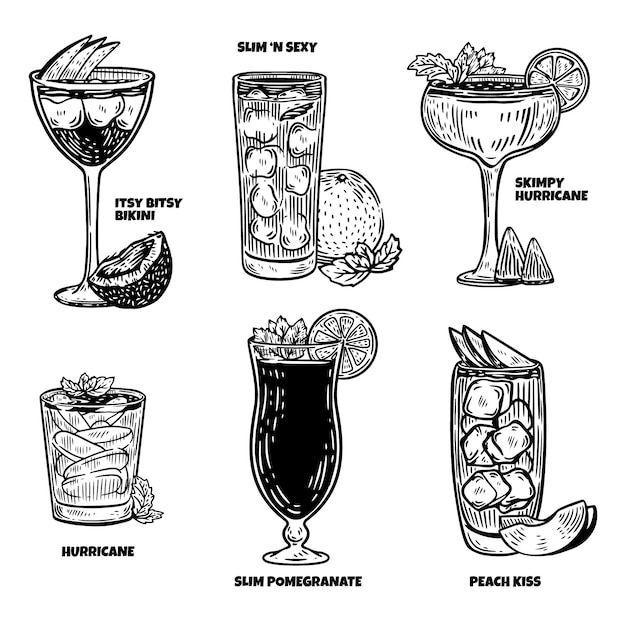 Vettore gratuito collezione di cocktail disegnati a mano con incisione