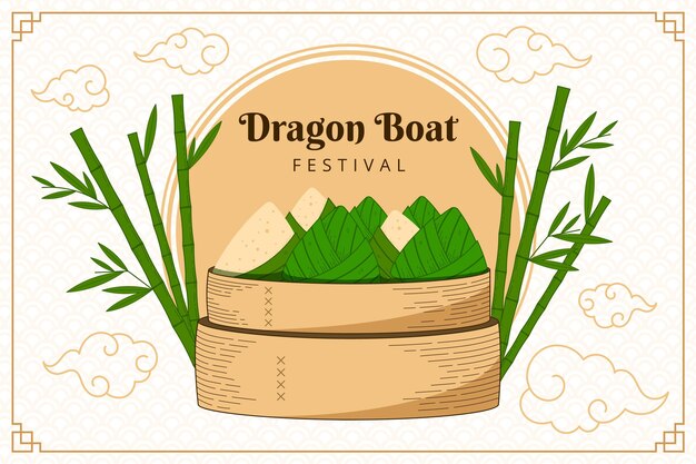 Engraving hand drawn dragon boat's zongzi background