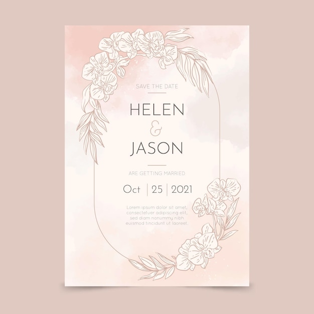 Engraving hand drawn floral wedding invitation template