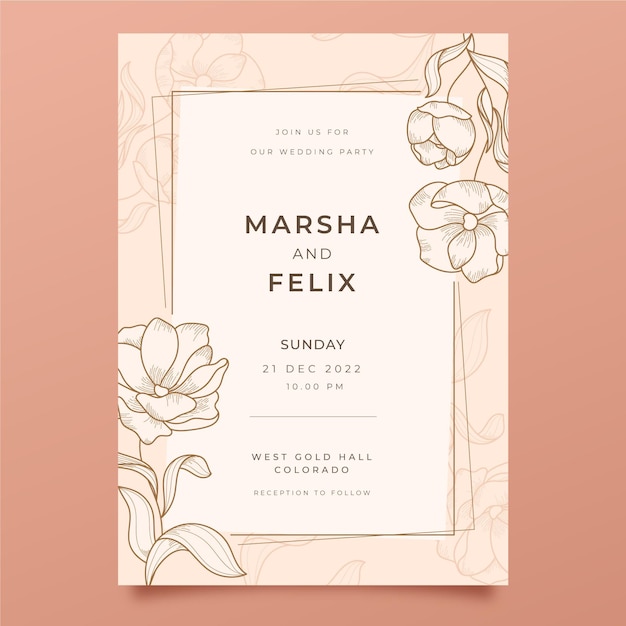 Free vector engraving hand drawn floral wedding invitation template