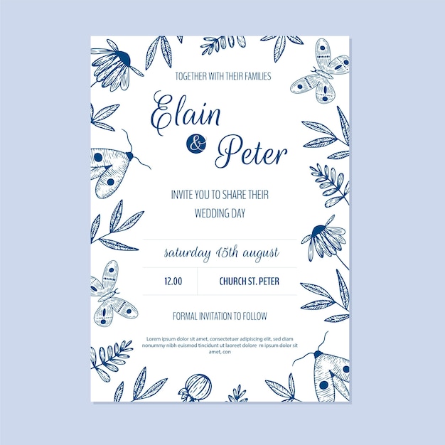 Free vector engraving hand drawn floral wedding invitation template