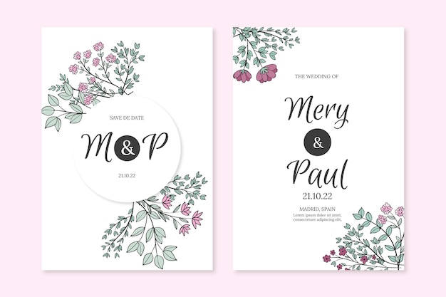 Engraving Hand Drawn Floral Wedding Invitation Template – Free Vector Download