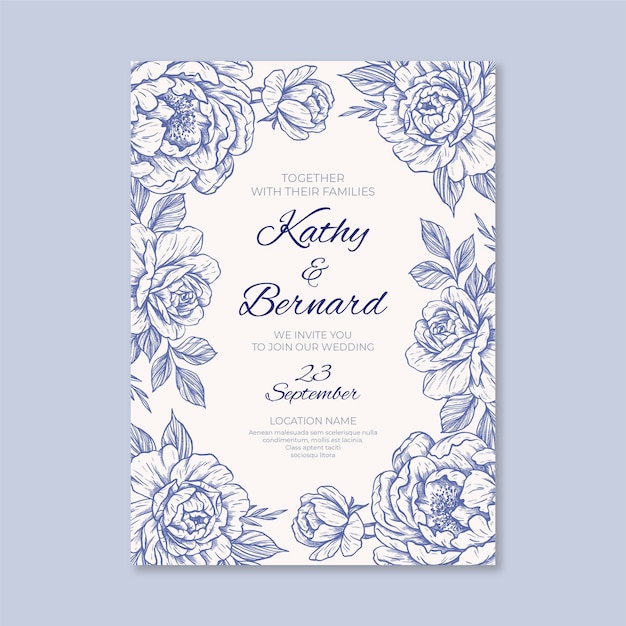 Engraving hand drawn floral wedding invitation template