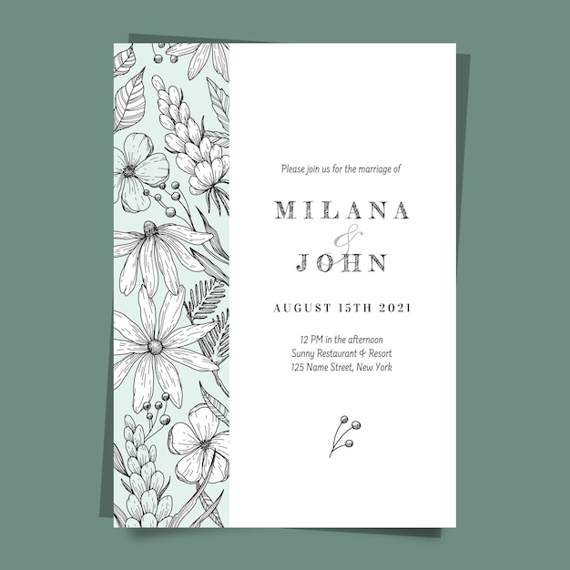 Engraving hand drawn floral wedding invitation