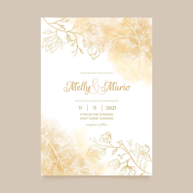 Free vector engraving hand drawn golden wedding invitation template