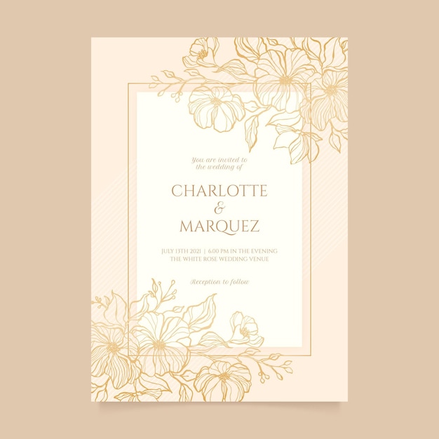 Engraving hand drawn golden wedding invitation template