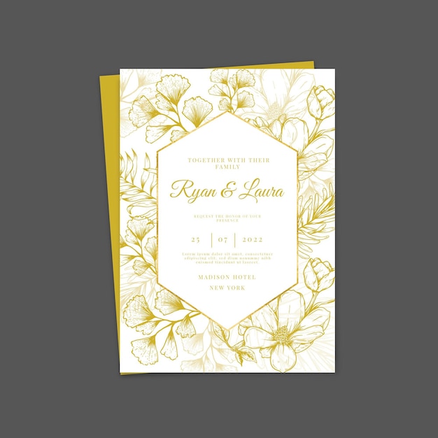 Free vector engraving hand drawn golden wedding invitation template