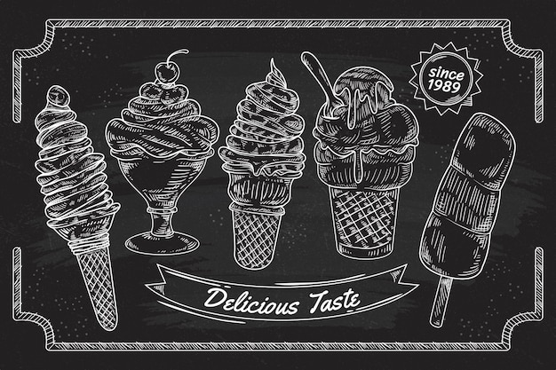 Free vector engraving hand drawn ice cream blackboard background