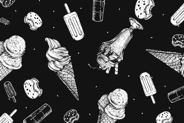 Engraving hand drawn ice cream blackboard background