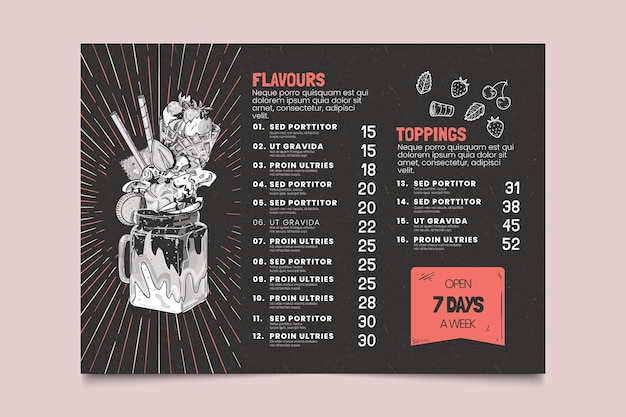 Modello di menu lavagna gelato disegnato a mano incisione