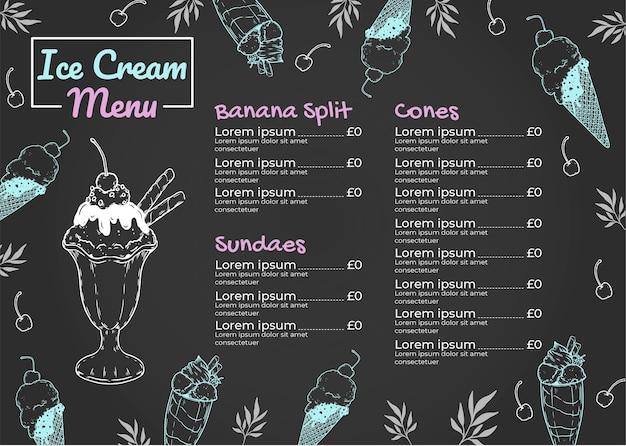 Free vector engraving hand drawn ice cream blackboard menu template