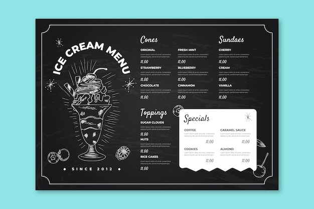 Modello del menu della lavagna del gelato disegnato a mano dell'incisione