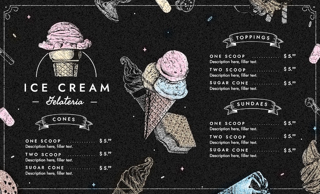 Modello del menu della lavagna del gelato disegnato a mano dell'incisione