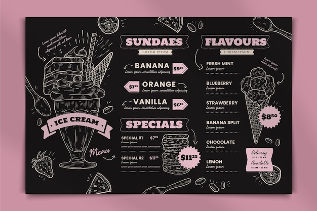 Бесплатное векторное изображение Гравюра рисованной меню доски мороженого