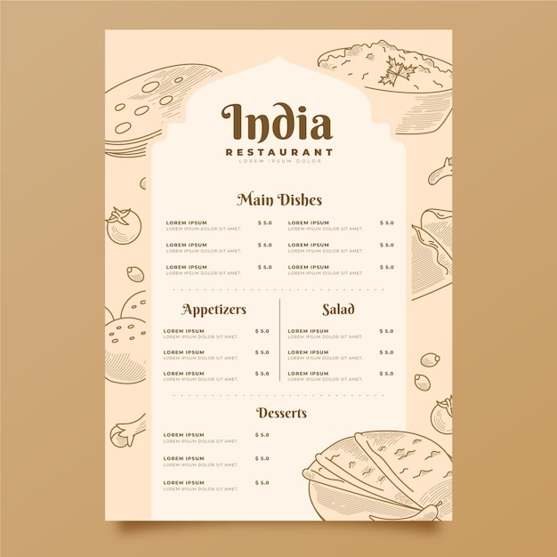 Engraving hand drawn indian menu