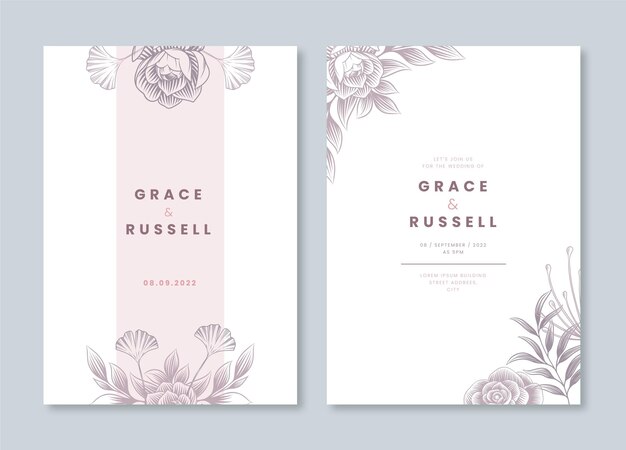 Engraving hand drawn minimal wedding invitation template