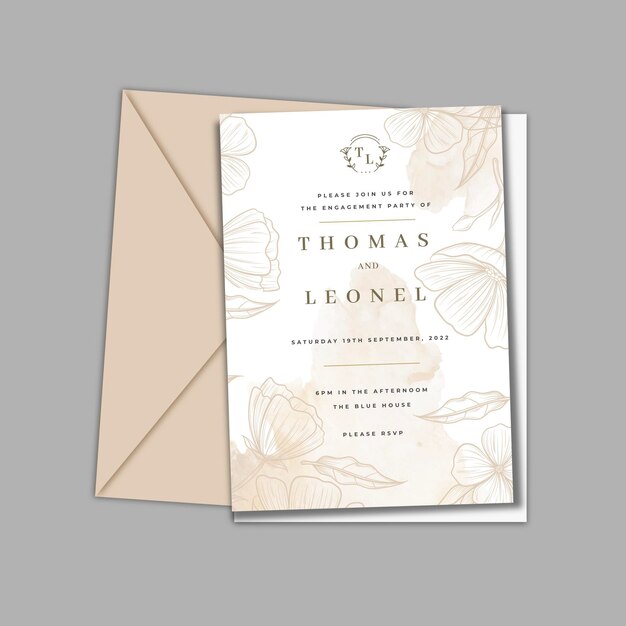 engraving hand drawn minimal wedding invitation template