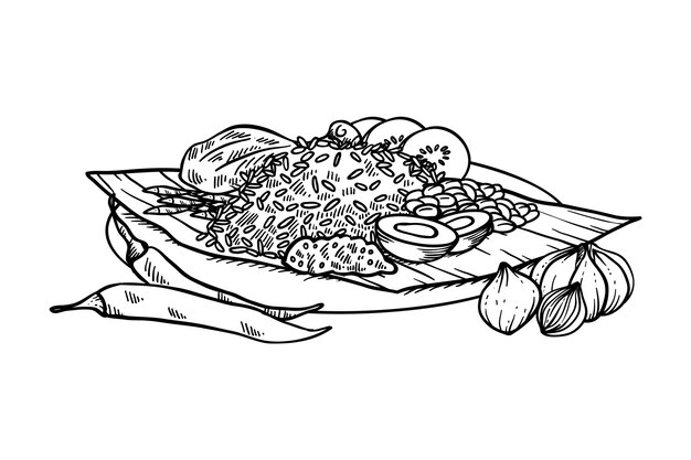 Engraving hand drawn nasi lemak