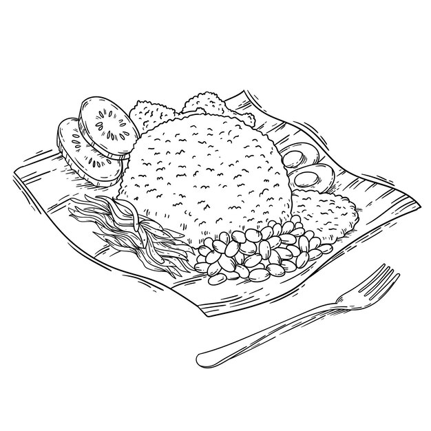 Engraving hand drawn nasi lemak