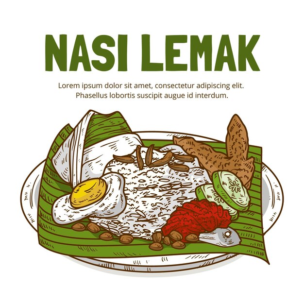 Engraving hand drawn nasi lemak