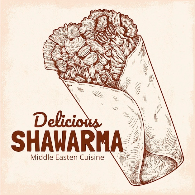 Vettore gratuito illustrazione di shawarma nutriente disegnata a mano dell'incisione