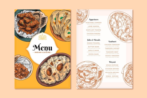 Free vector engraving hand drawn oriental indian restaurant menu