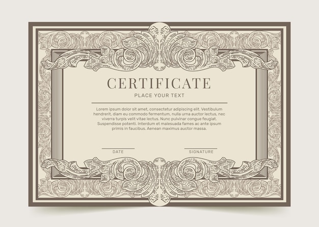 Vettore gratuito modello di certificato ornamentale disegnato a mano di incisione
