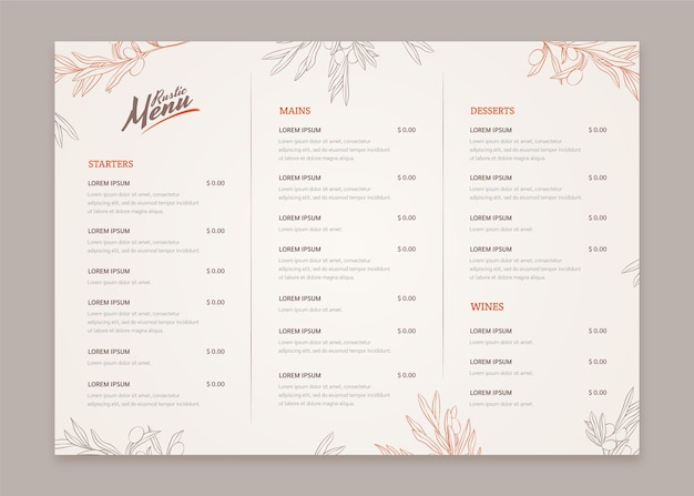 Modello di menu ristorante rustico disegnato a mano di incisione