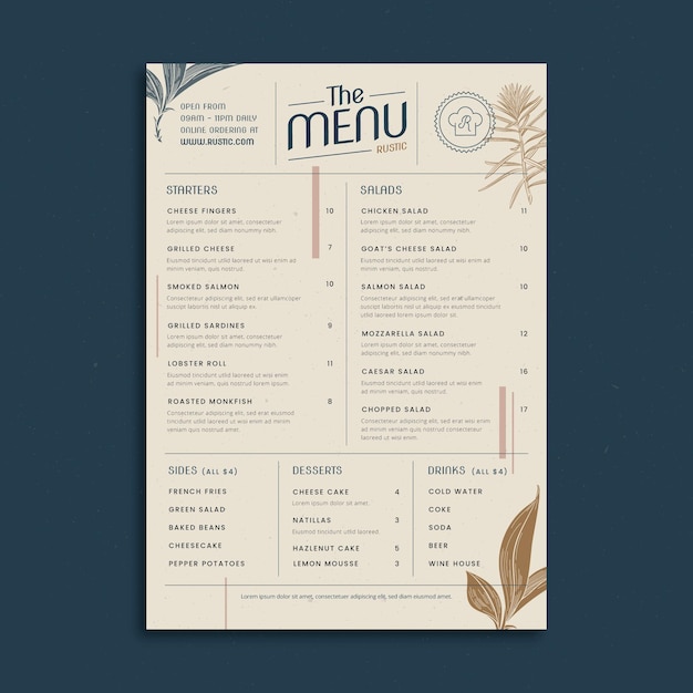 Vettore gratuito modello di menu ristorante rustico disegnato a mano di incisione