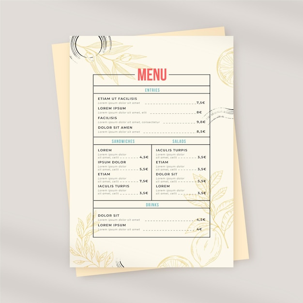 Vettore gratuito menu ristorante rustico disegnato a mano di incisione