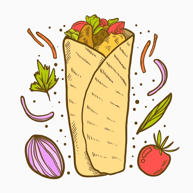 Vettore gratuito illustrazione di shawarma disegnata a mano di incisione