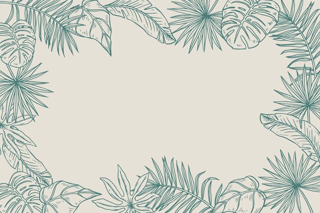 Engraving hand drawn tropical leaves background