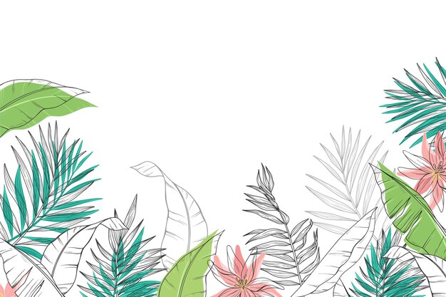 Engraving hand drawn tropical leaves background