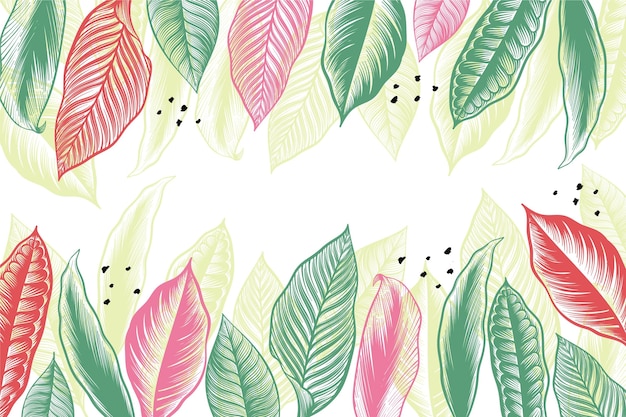 Engraving hand drawn tropical leaves background