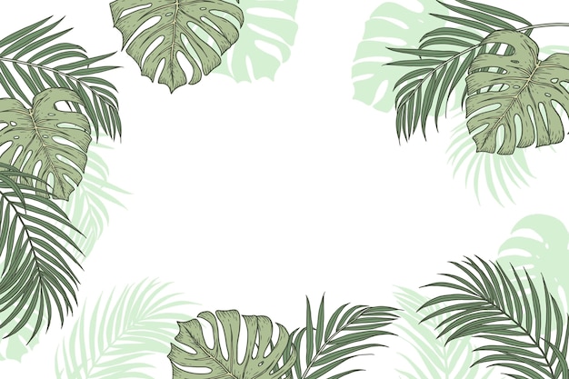 Engraving hand drawn tropical leaves background