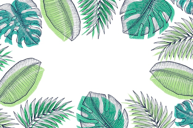 Engraving hand drawn tropical leaves background