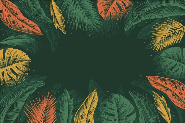 Гравюра рисованной тропических листьев фон