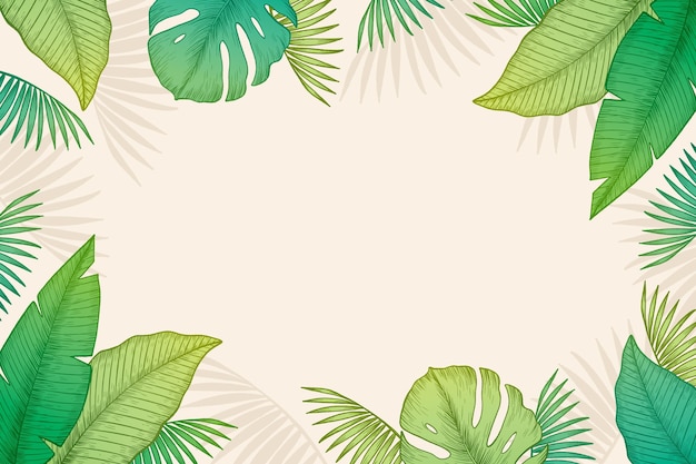 Engraving hand drawn tropical leaves background