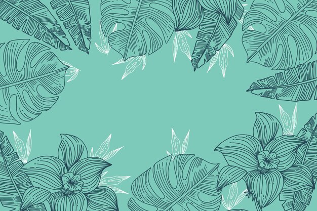 Engraving hand drawn tropical leaves summer background