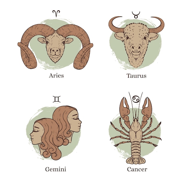 Vettore gratuito collezione di segni zodiacali disegnati a mano con incisione