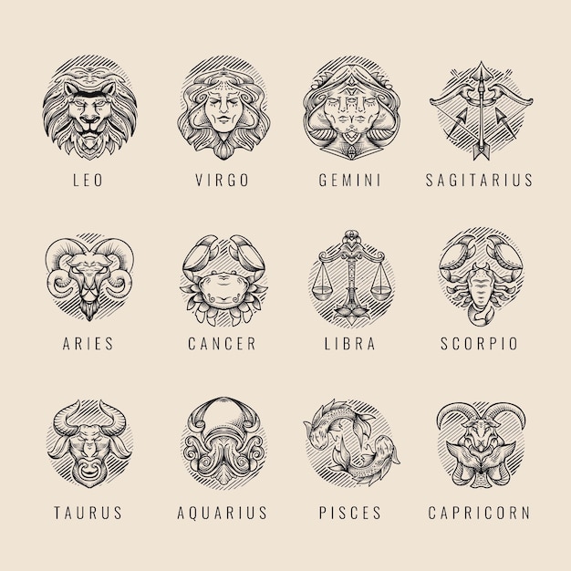 Vettore gratuito collezione di segni zodiacali disegnati a mano con incisione