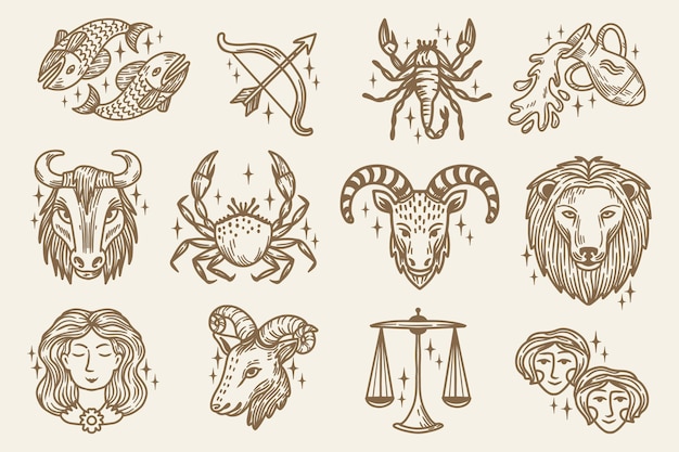 Engraving hand drawn zodiac sign collection
