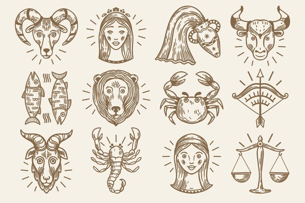 Engraving hand drawn zodiac sign collection