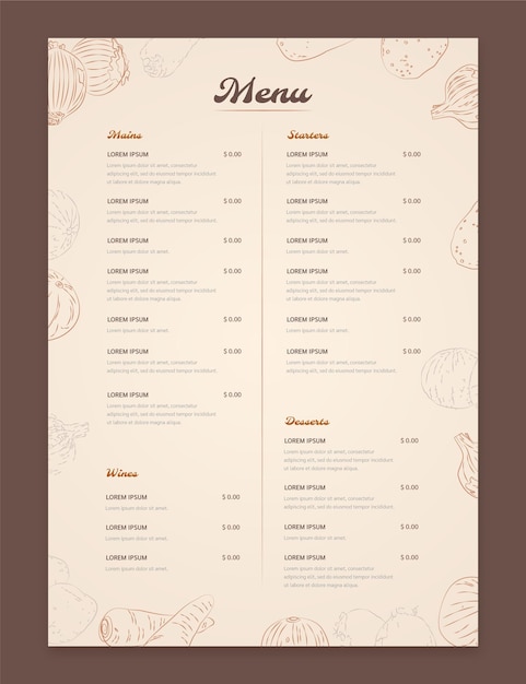 Engraving rustic restaurant menu template