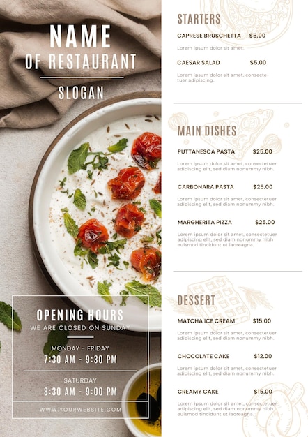 Free vector engraving rustic restaurant menu with photo