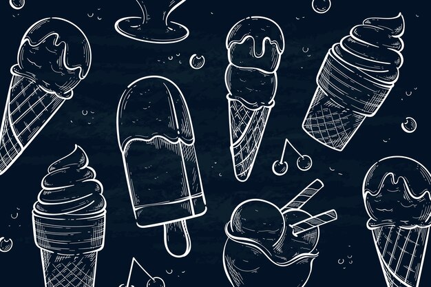 Engraving style ice cream blackboard background