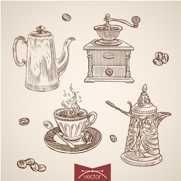 Incisione vintage disegnata a mano collezione di tempo del caffè