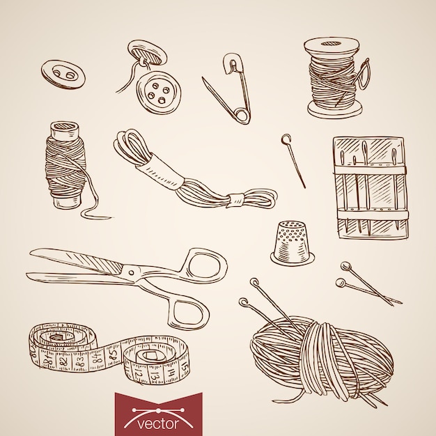 Free Vector | Engraving vintage hand drawn cutting and sewing collection.