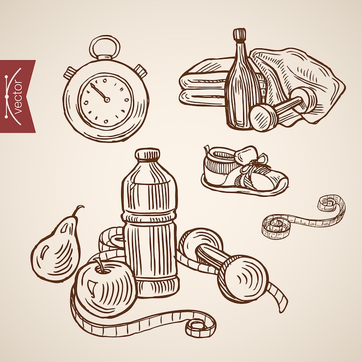 Free Vector engraving vintage hand drawn  health care with sport and eco food collection.